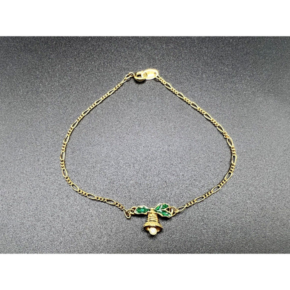 Vtg Avon Anklet 9.5 Inch Gold Tone Christmas Bell & Holly Enamel Ankle Bracelet - Picture 1 of 4